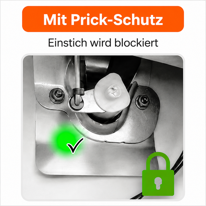 Nachher: innen montiertes Anti-Prick Schutzblech deckt den Angriffsbereich ab