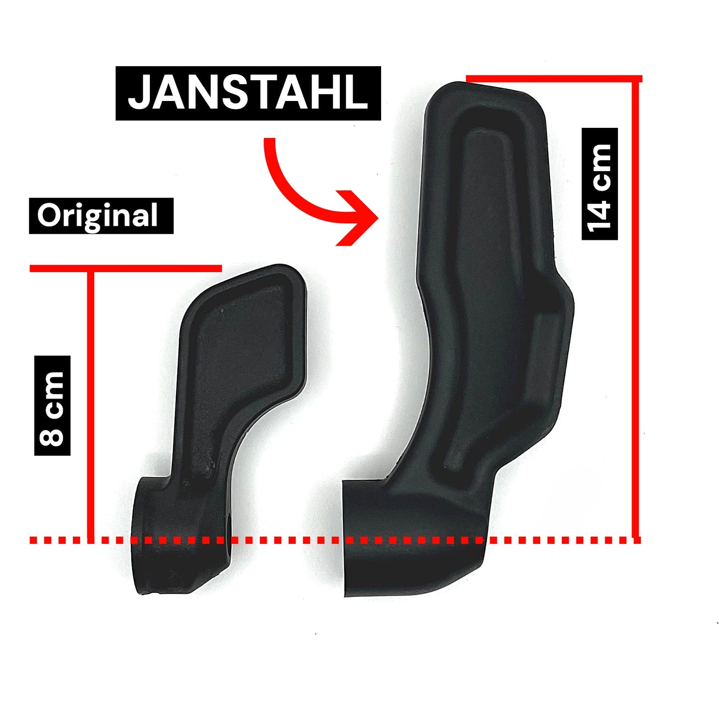 Der Schiebetürgriff im Größenvergleich. Der Griff von Janstahl für den Fiat Ducato ist deutlich größer und ergonomischer geformt als das Originalteil.