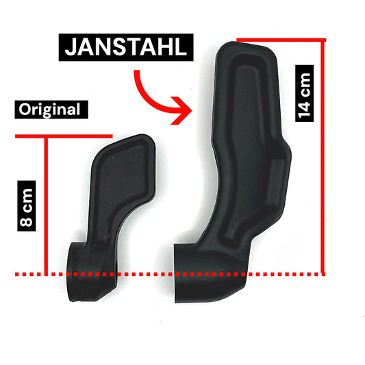 Der Schiebetürgriff im Größenvergleich. Der Griff von Janstahl für den Fiat Ducato ist deutlich größer und ergonomischer geformt als das Originalteil.