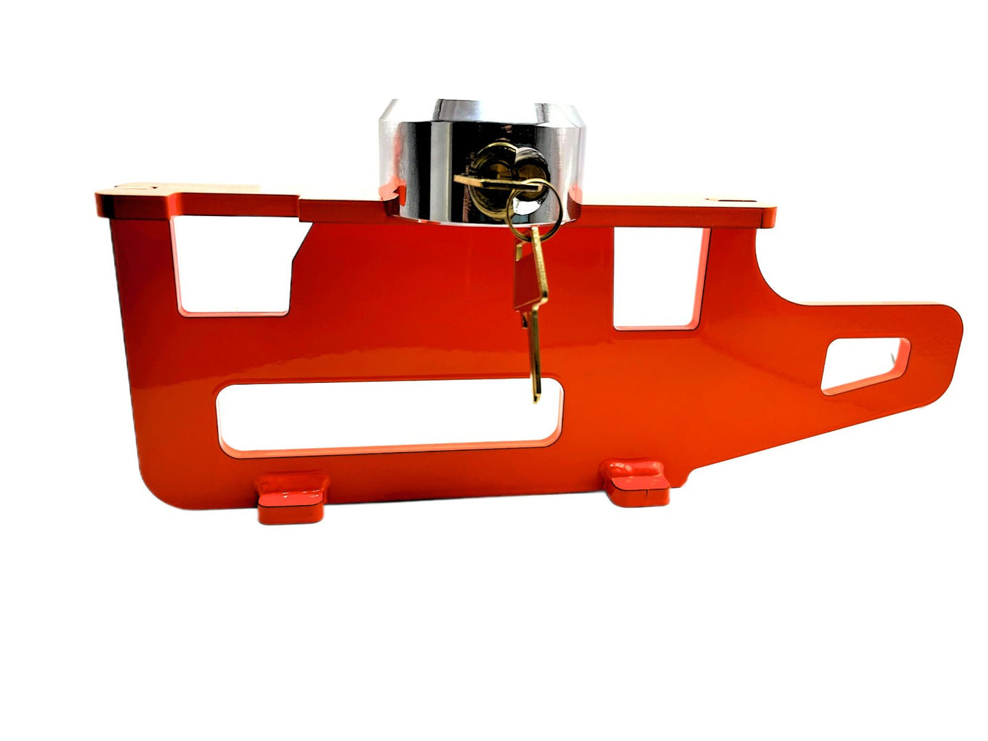 Pedalsperre aus pulverbeschichtetem Stahl in RAL 2005 Leuchtorange für Fiat Ducato (Baureihe 250, Bj. 2006–2014) mit PUCK-Schloss – freigestellt auf weißem Hintergrund, zusammengebaut dargestellt